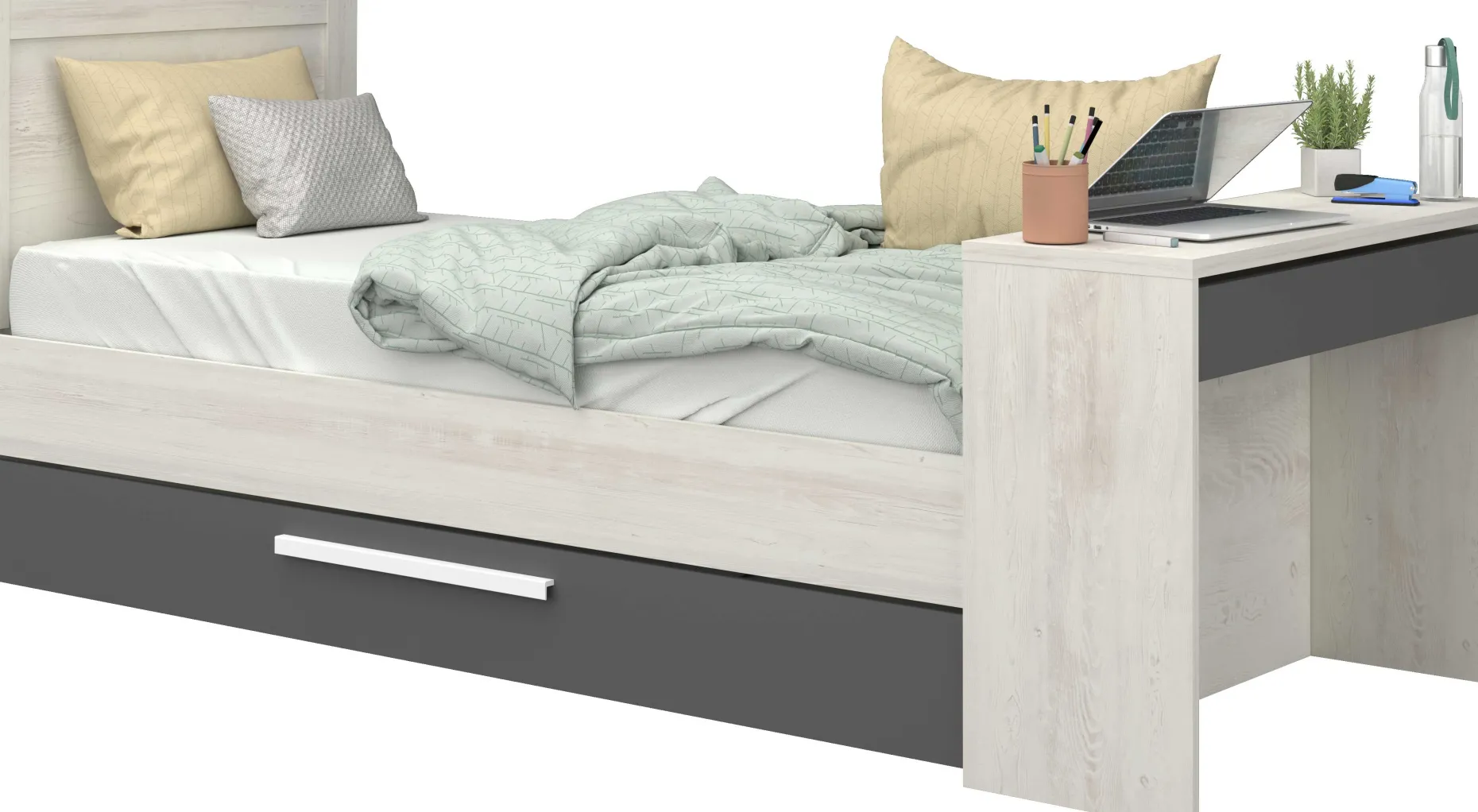 Funktionsbett Shipley 90x200 mit Schreibtisch und Bettschubkasten - weiß