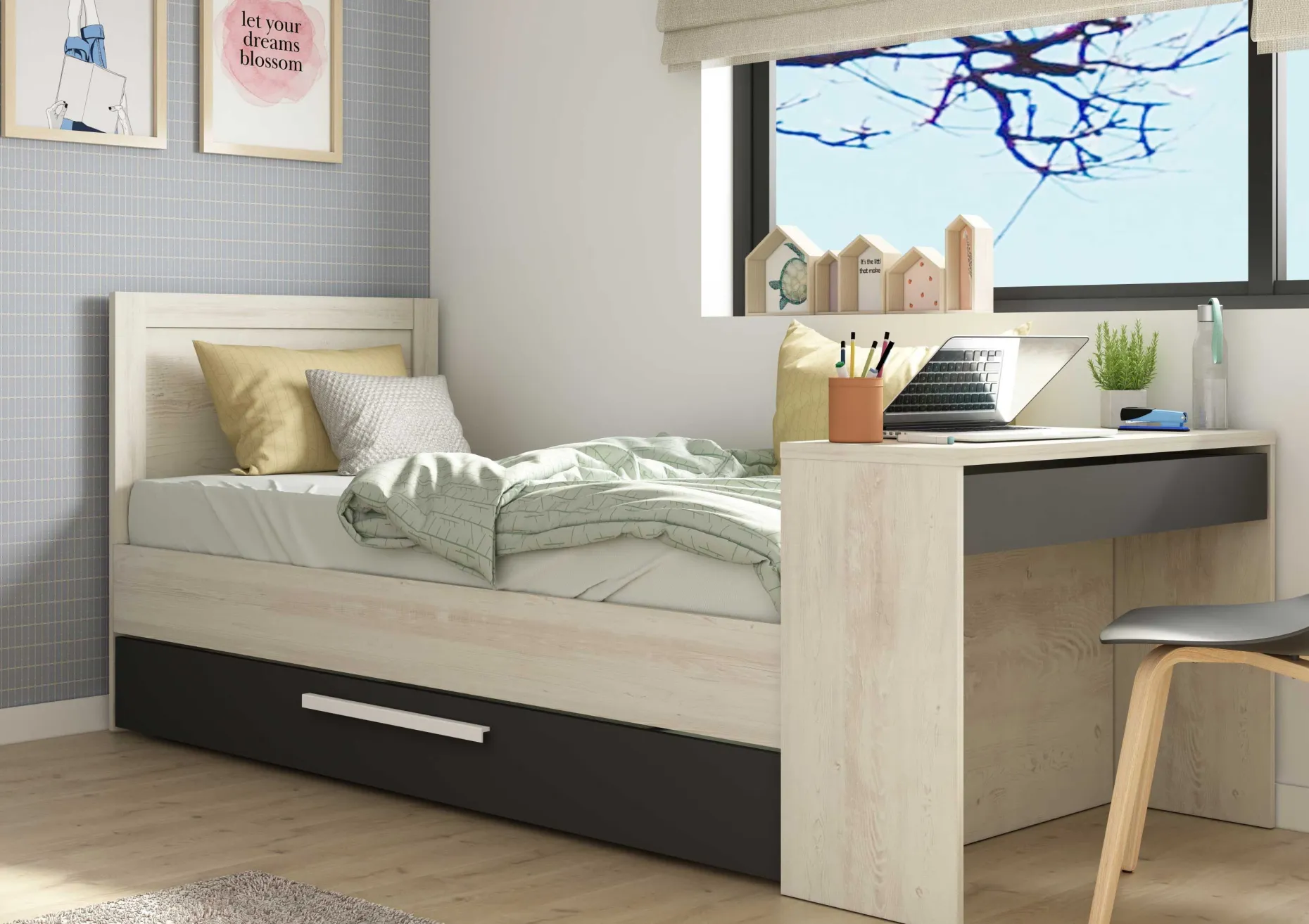 Funktionsbett Shipley 90x200 mit Schreibtisch und Bettschubkasten - weiß