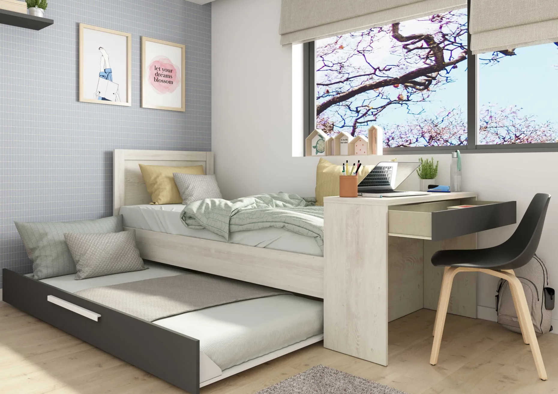 Funktionsbett Shipley 90x200 mit Schreibtisch und Bettschubkasten - weiß