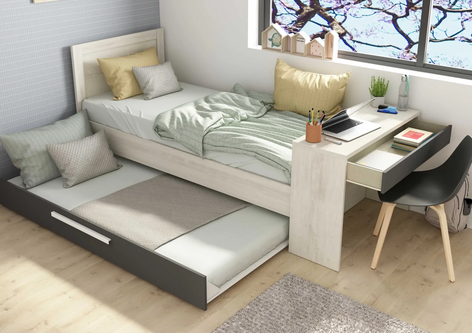 Funktionsbett Shipley 90x200 mit Schreibtisch und Bettschubkasten - weiß
