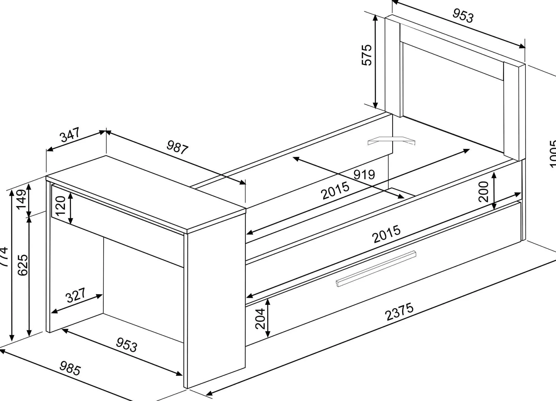 Funktionsbett Shipley 90x200 mit Schreibtisch und Bettschubkasten - weiß