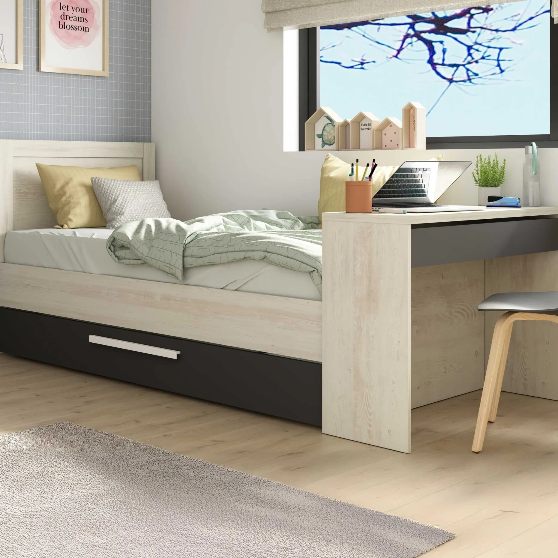 Funktionsbett Shipley 90x200 mit Schreibtisch und Bettschubkasten - weiß