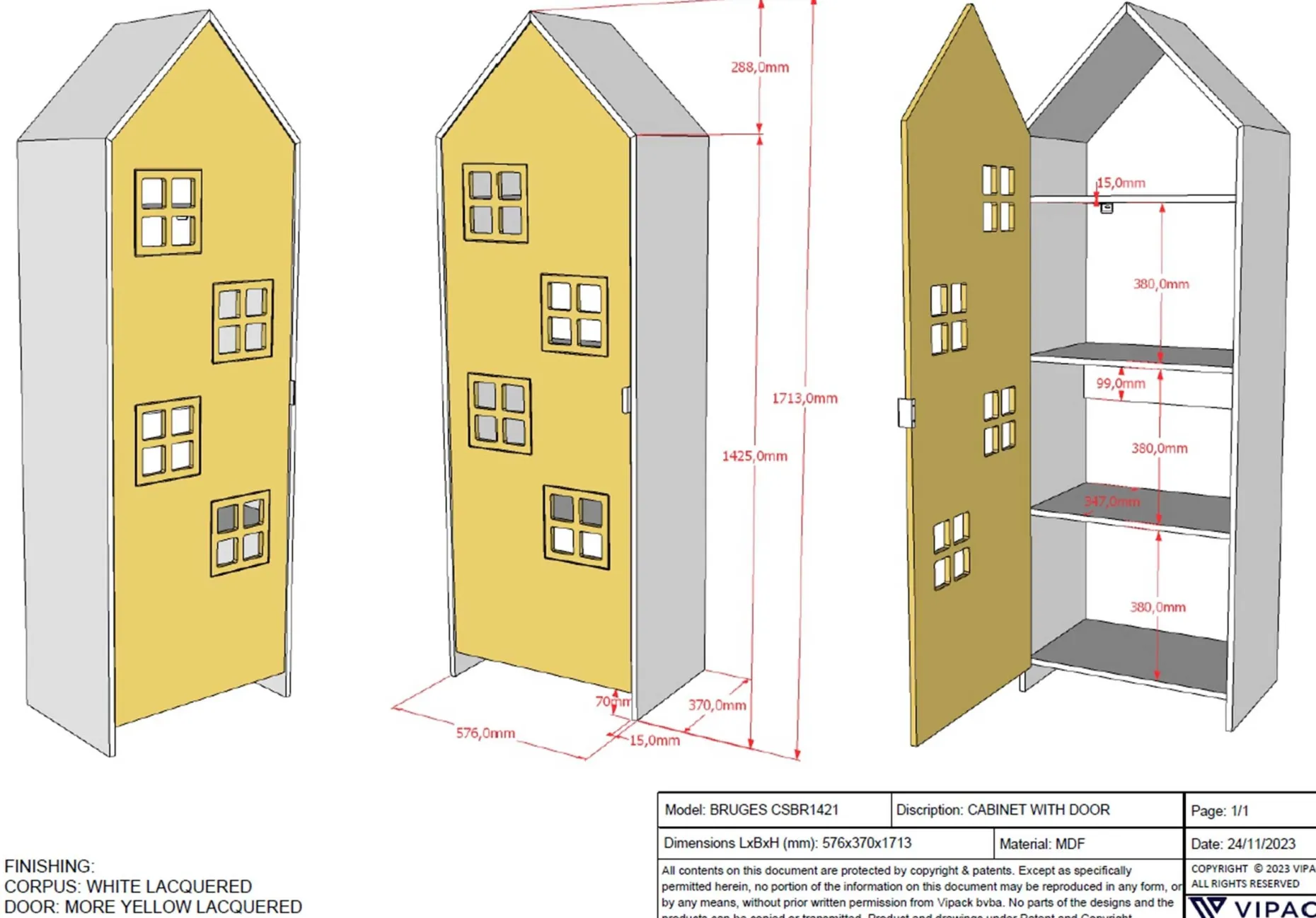 Garderobe Casami Bruges - 58x37x172 cm - Gelb