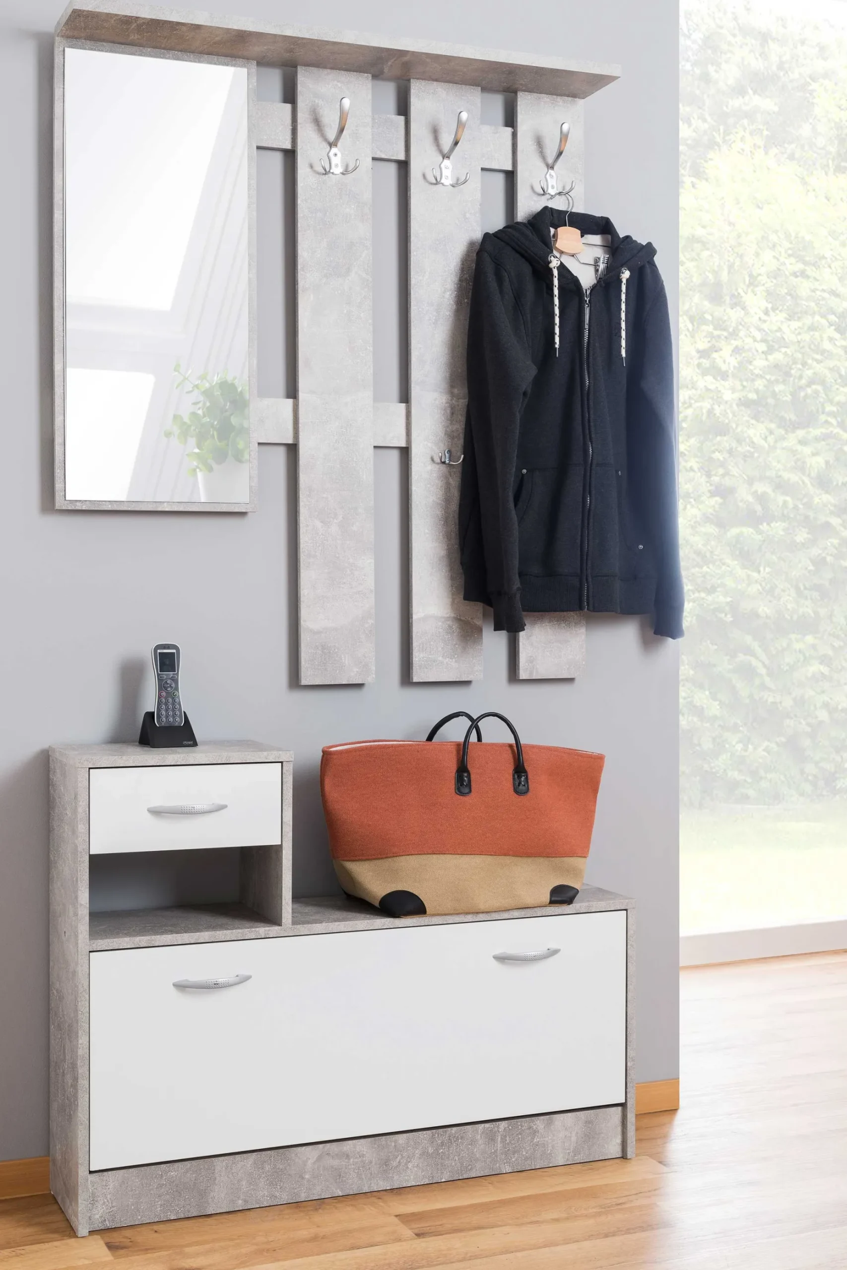 Garderobe Rudolf ( Garderobe, Spiegel und Schuhschrank) - Beton/Weiß