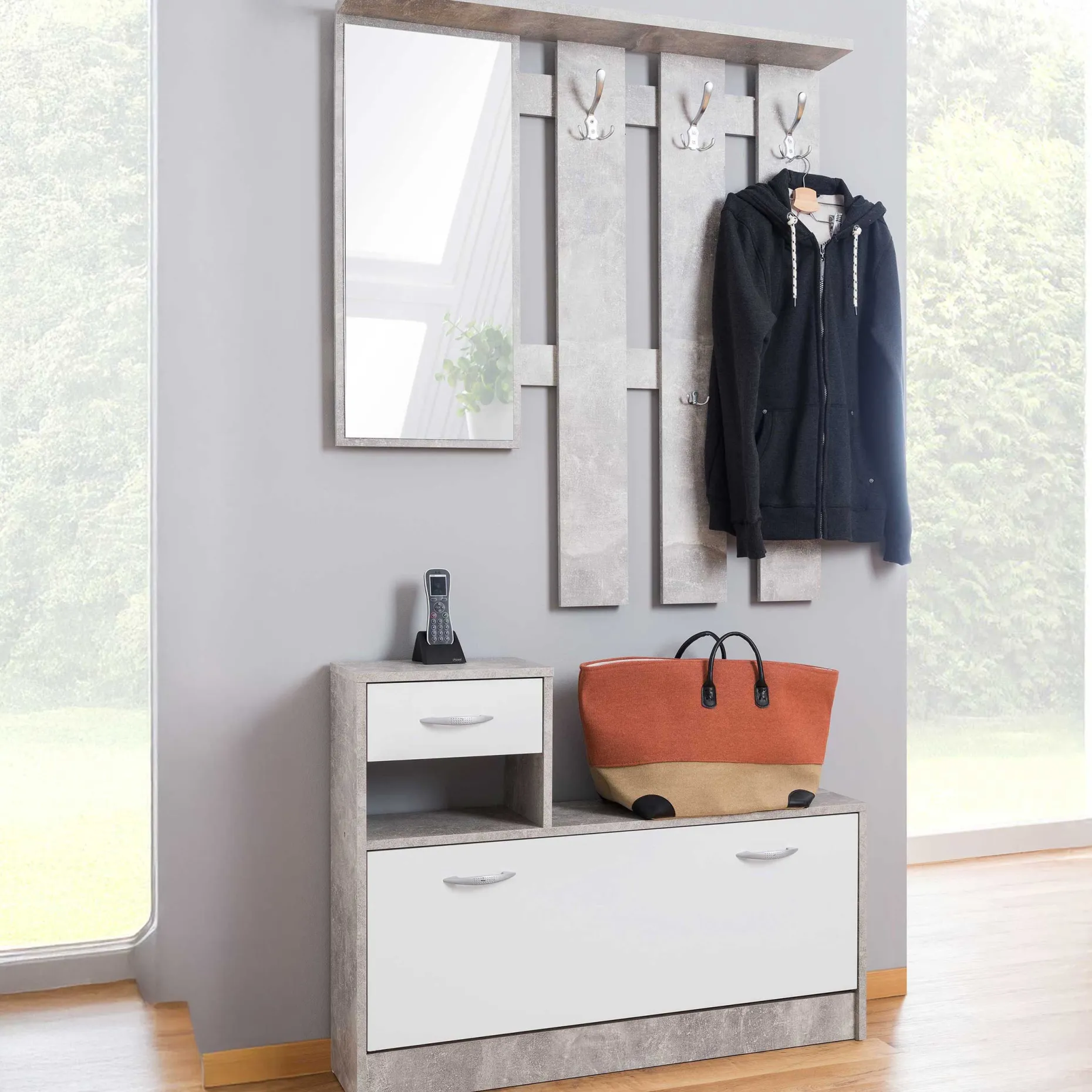 Garderobe Rudolf ( Garderobe, Spiegel und Schuhschrank) - Beton/Weiß