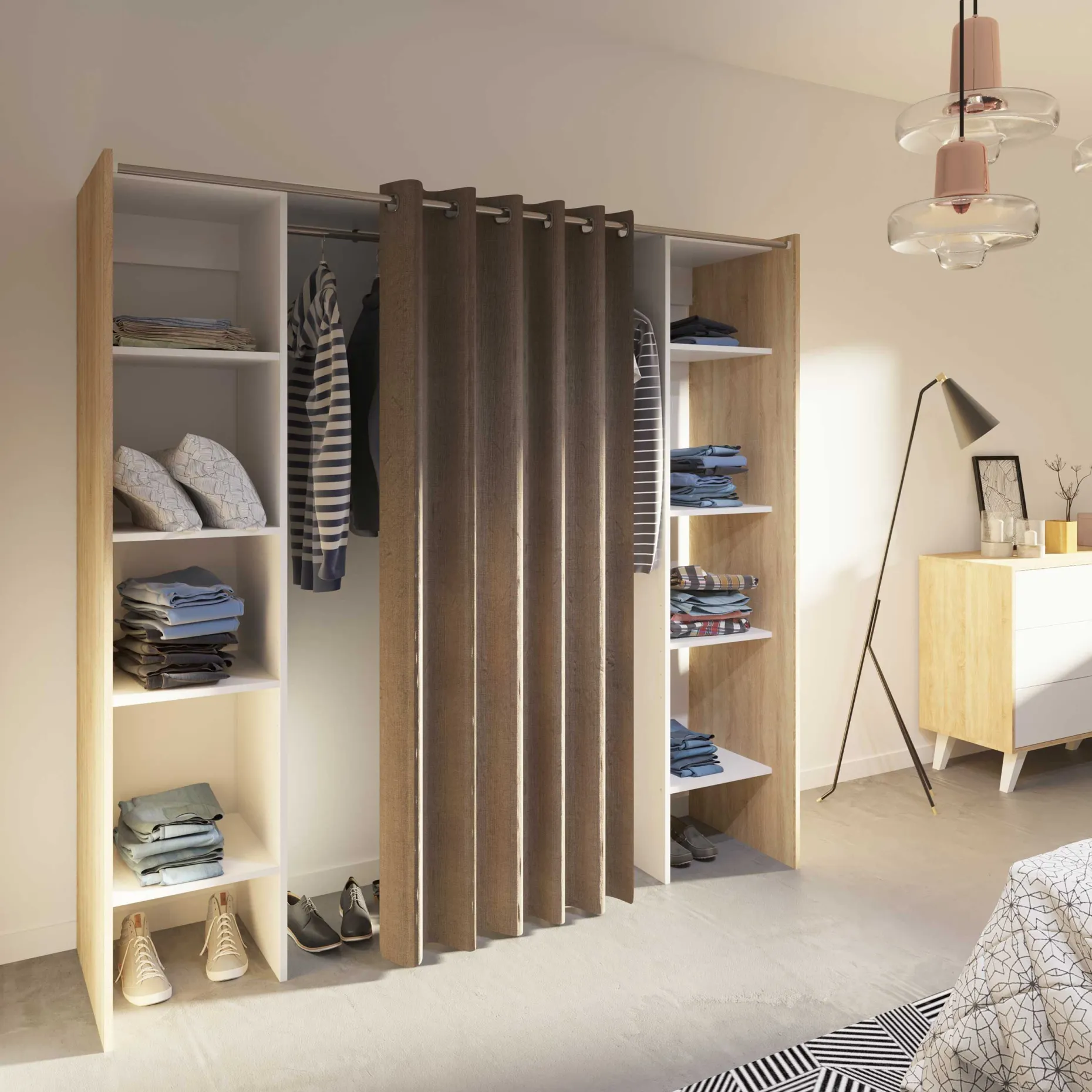 Garderobe Spike 112/185cm mit Vorhang - Eiche/Taupe