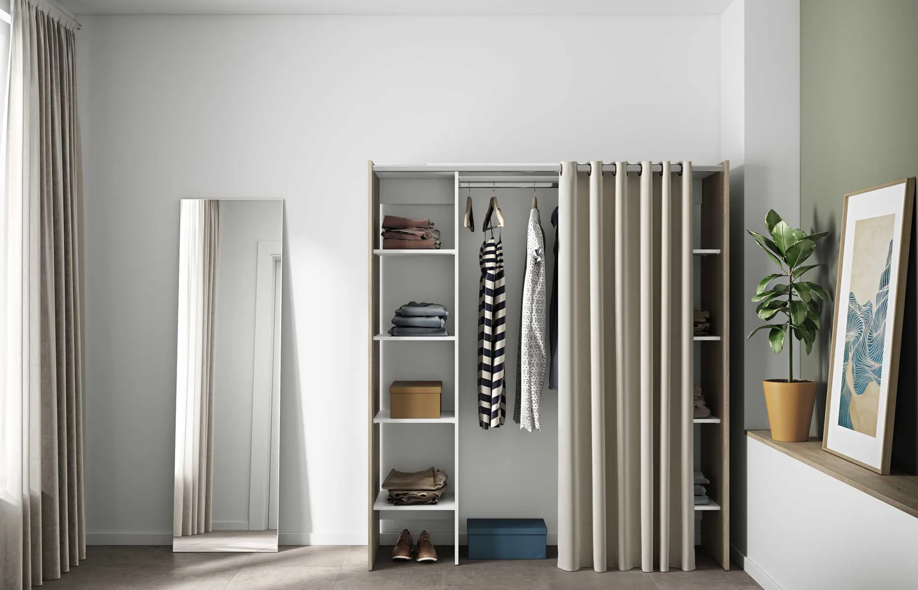 Garderobe Spike 112/185cm mit Vorhang - Eiche/Ecru