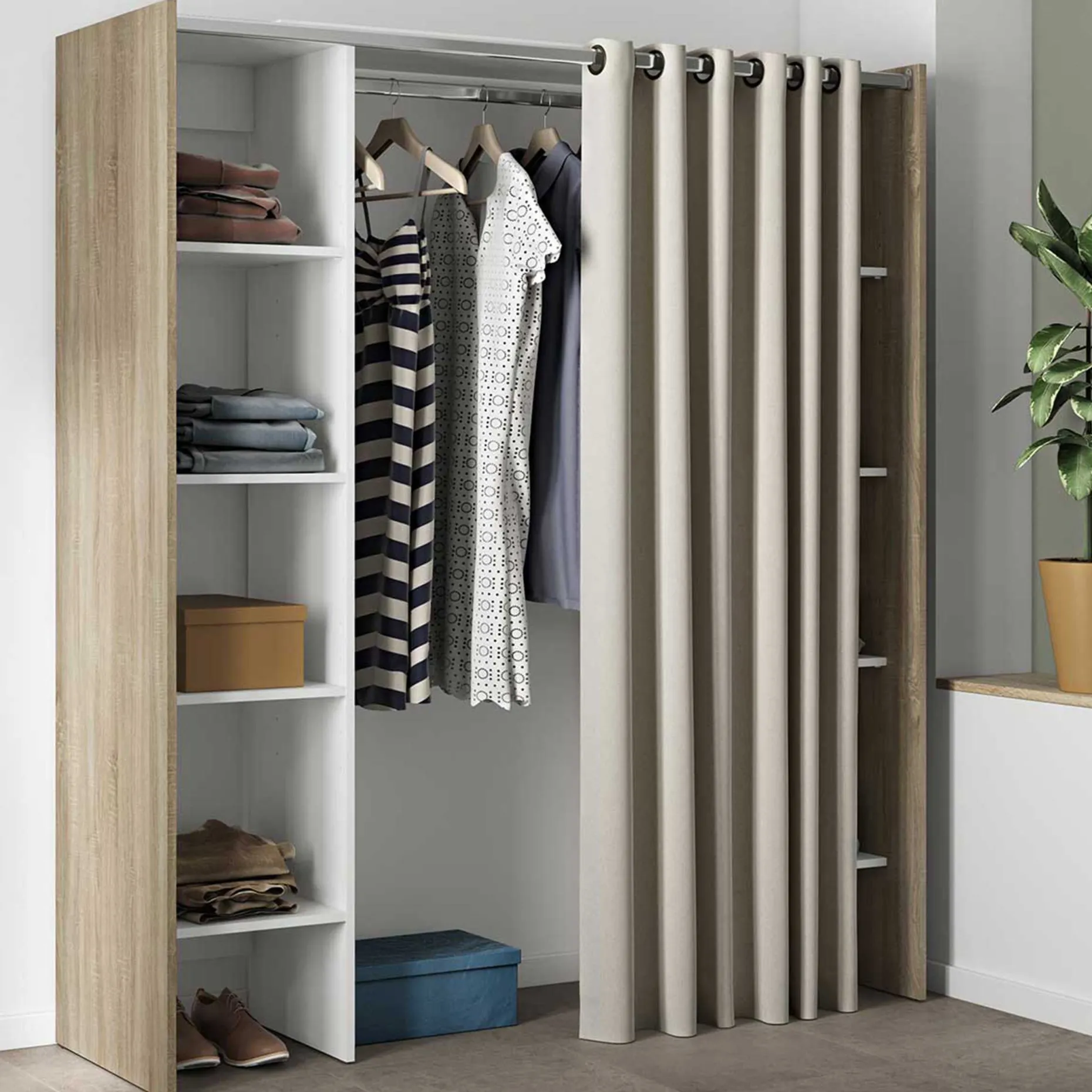 Garderobe Spike 112/185cm mit Vorhang - Eiche/Ecru