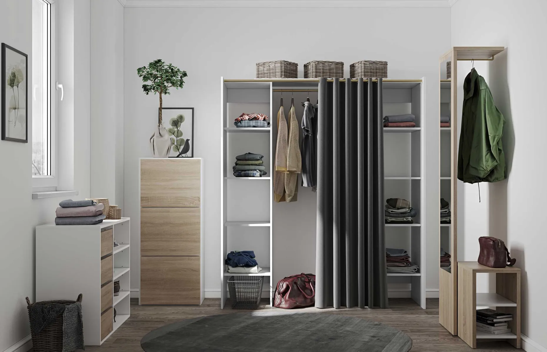 Garderobe Spike 112/185cm mit Vorhang - weiß/grau