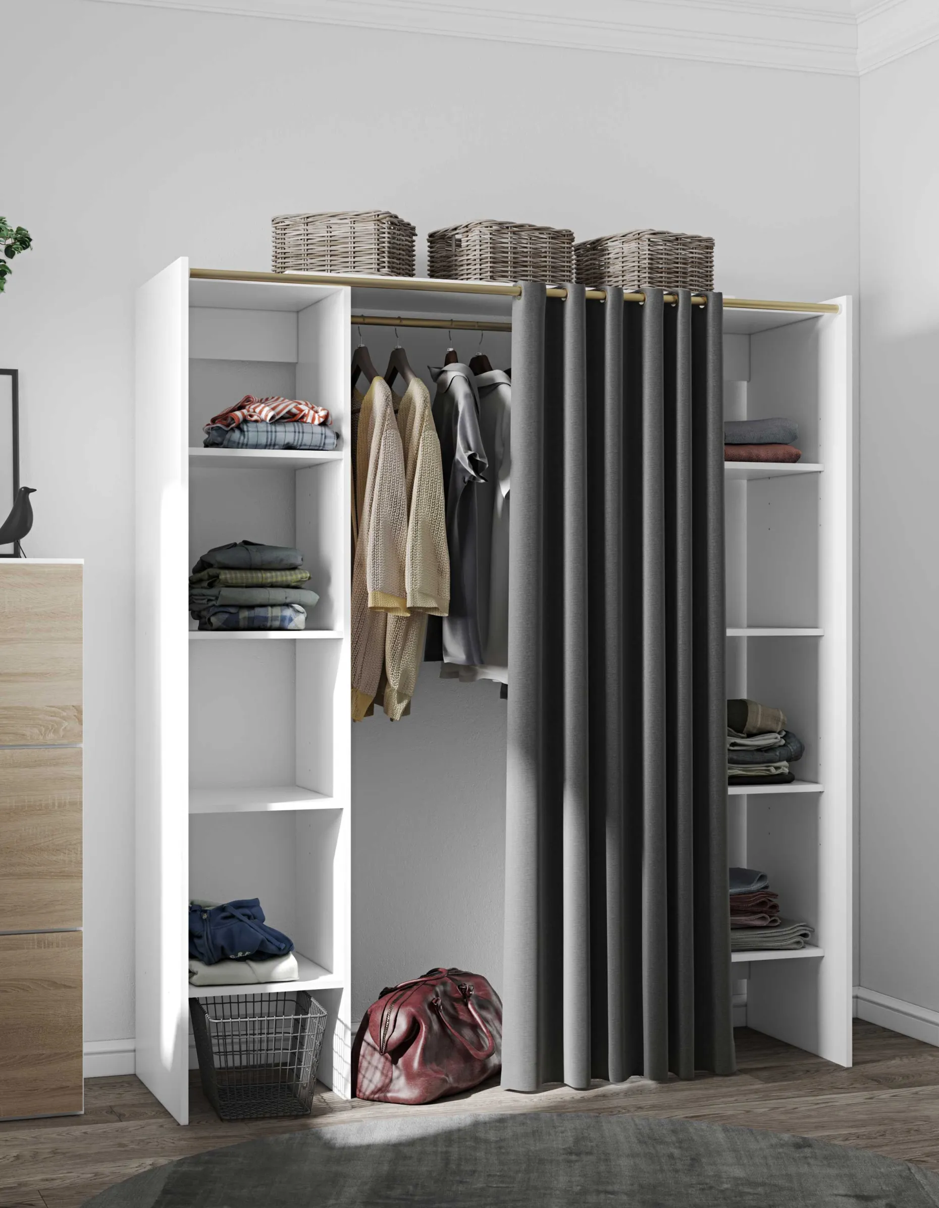 Garderobe Spike 112/185cm mit Vorhang - weiß/grau