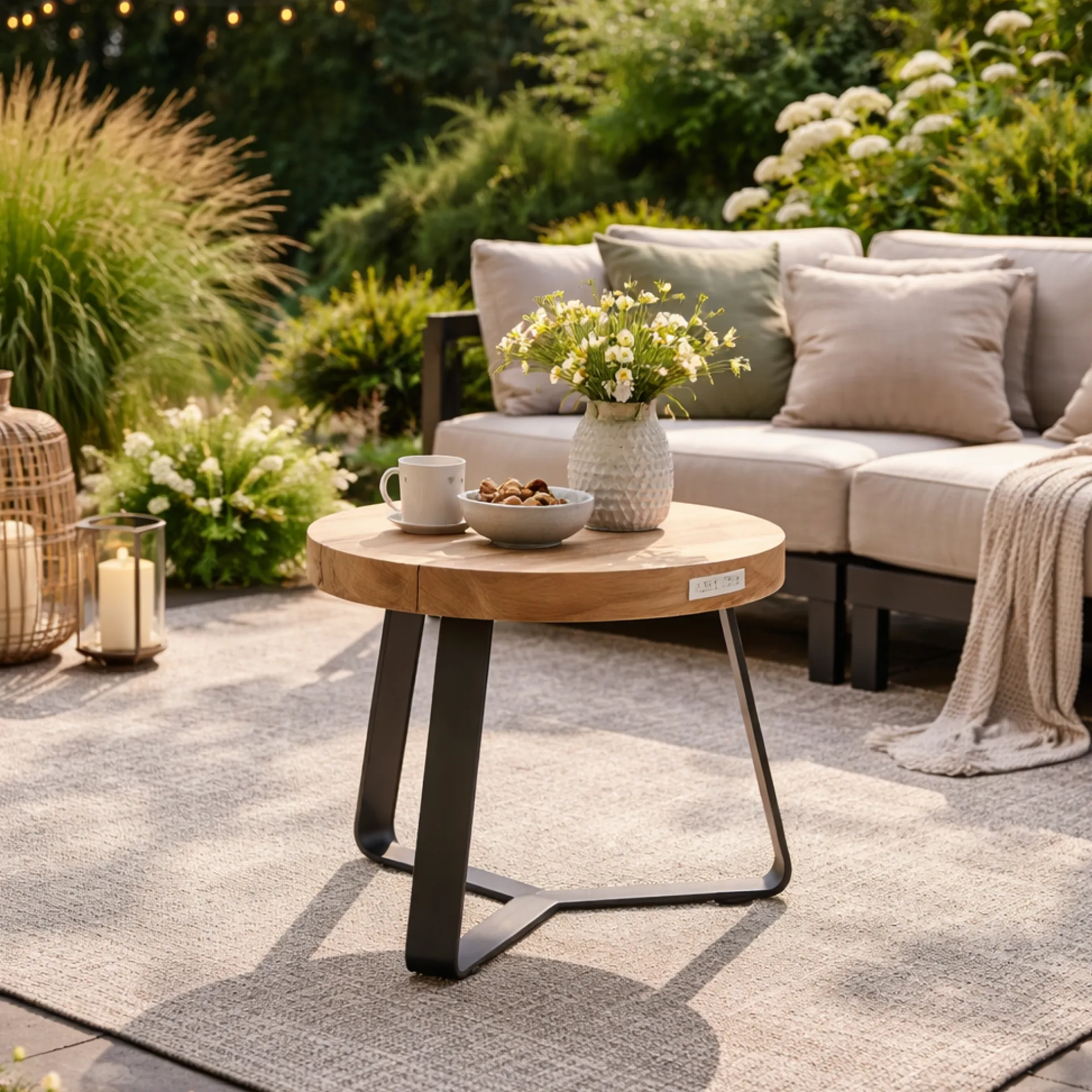 Gescova Gartentisch Margarite Ø40 - - Stahl & Teakholz - Schwarz/Natur