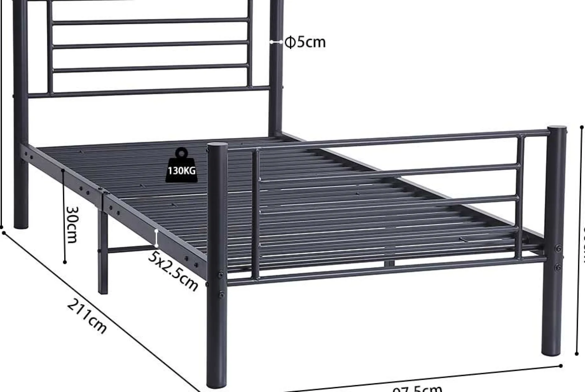 Graues Metallbett Sammy 90x200 | Rahmen 97x210 | H-H 80