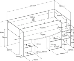 Habhochbett Rue 90x200 mit Schreibtisch - weiß/grau oder weiß/rosa