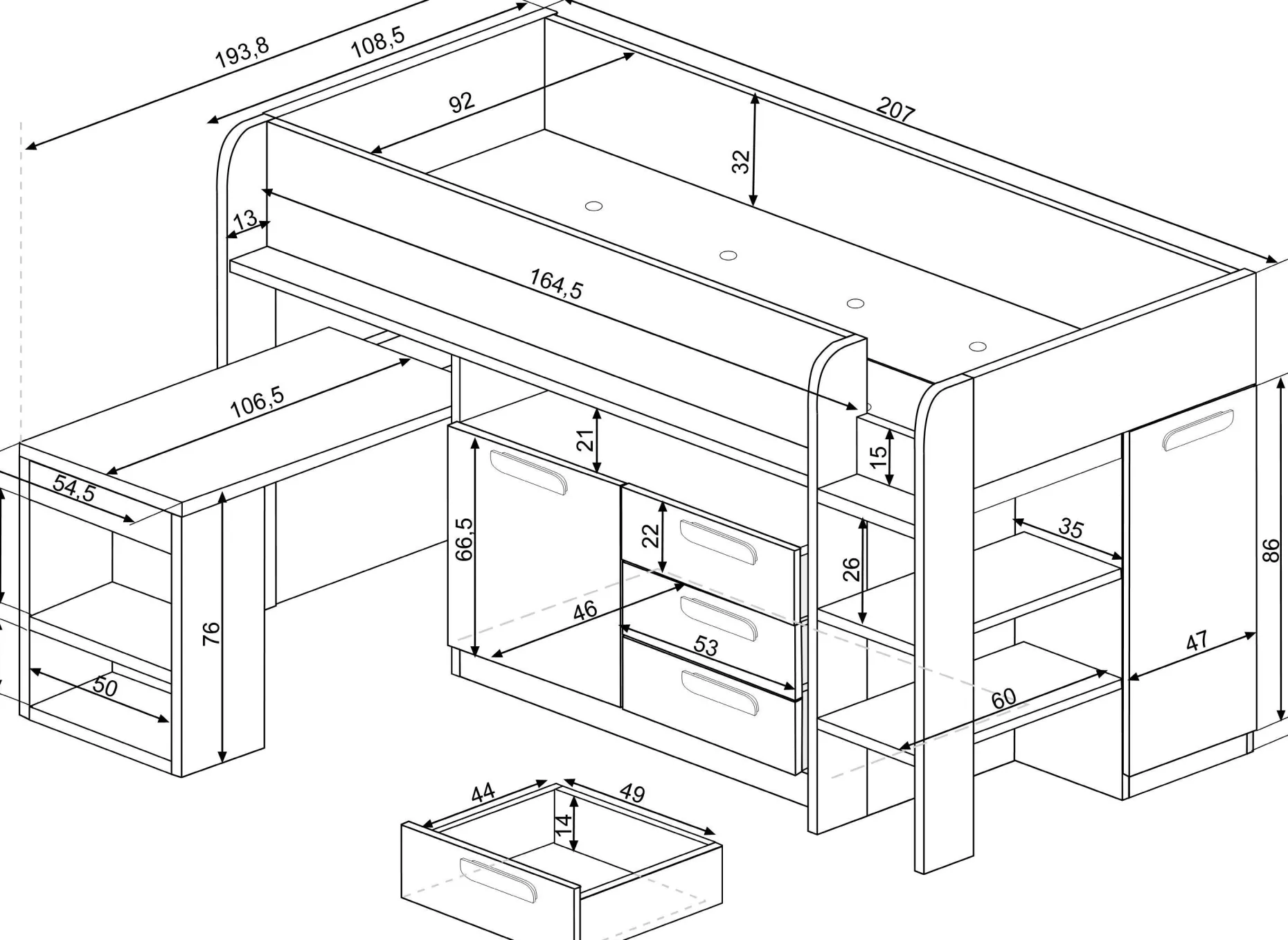 Halbhochbett Beau 90x200 mit Schreibtisch - altrosa