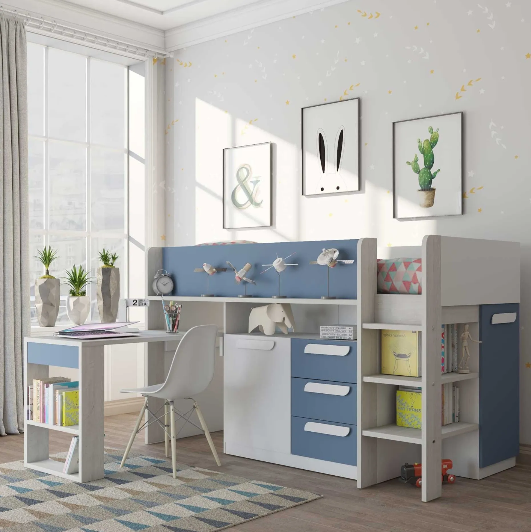 Halbhochbett Beau 90x200 mit Schreibtisch - dunkelblau