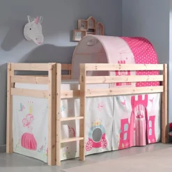 Halbhochbett Charlotte mit Bettzelt und Betttunnel Princess II - Kieferholz