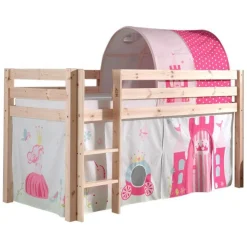 Halbhochbett Charlotte mit Bettzelt und Betttunnel Princess II - Kieferholz