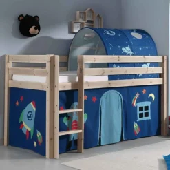 Halbhochbett Charlotte mit Bettzelt und Tunnel Astro - Kieferholz