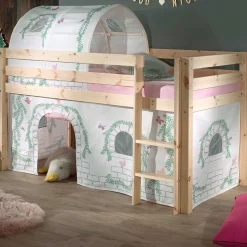 Halbhochbett Charlotte mit Bettzelt und Betttunnel Birdy - kieferholz