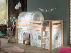 Halbhochbett Charlotte mit Bettzelt und Betttunnel Birdy - kieferholz