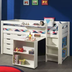 Halbhochbett Charlotte mit Regal, Schreibtisch, Bibliothek und Kommode - weiß