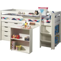 Halbhochbett Charlotte mit Regal, Schreibtisch, Bibliothek und Kommode - weiß