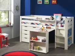 Halbhochbett Charlotte mit Regal, Schreibtisch, Bibliothek und Kommode - weiß