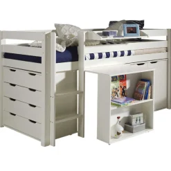 Halbhochbett Charlotte mit Regal, Schreibtisch, Kommode und Kommode - weiß