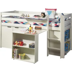 Halbhochbett Charlotte mit Regal, Schreibtisch, Bibliothek und Kommode - weiß