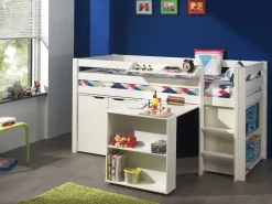 Halbhochbett Charlotte mit Regal, Schreibtisch, Bibliothek und Kommode - weiß