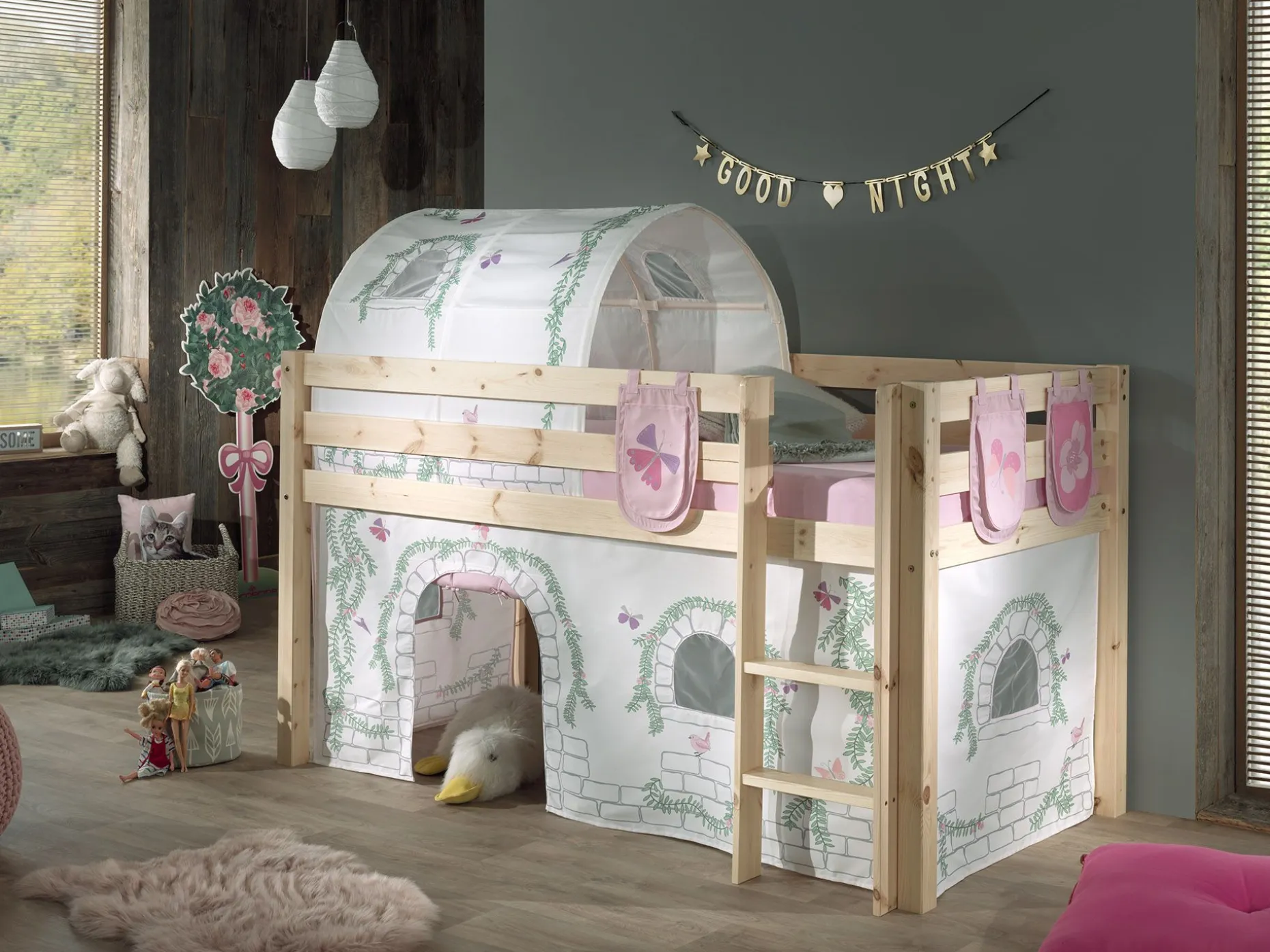Halbhochbett Charlotte mit Schlafzelt, Tunnel und Aufbewahrungstaschen Birdy - Kieferholz