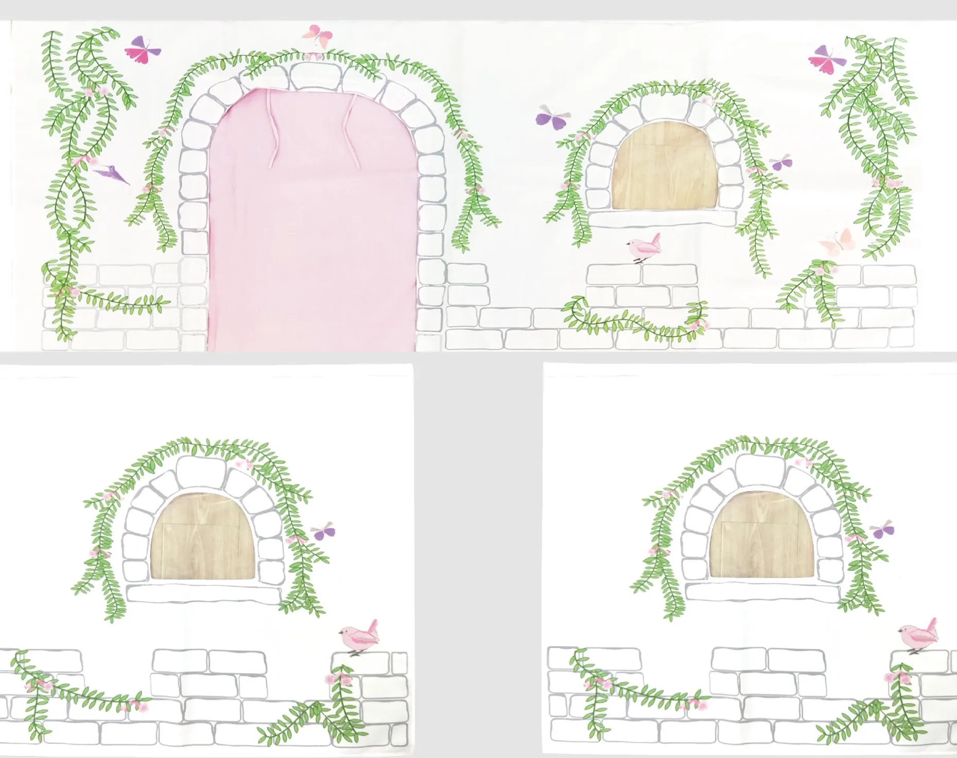 Halbhochbett Charlotte mit Schlafzelt, Tunnel und Aufbewahrungstaschen Birdy - Kieferholz
