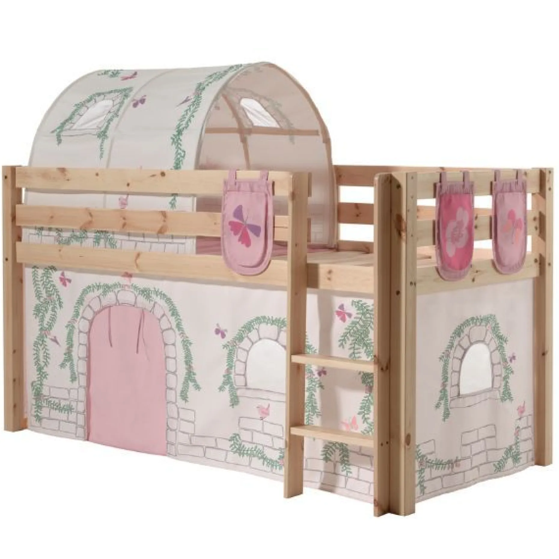 Halbhochbett Charlotte mit Schlafzelt, Tunnel und Aufbewahrungstaschen Birdy - Kieferholz