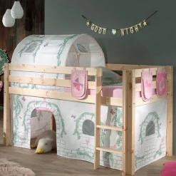 Halbhochbett Charlotte mit Schlafzelt, Tunnel und Aufbewahrungstaschen Birdy - Kieferholz