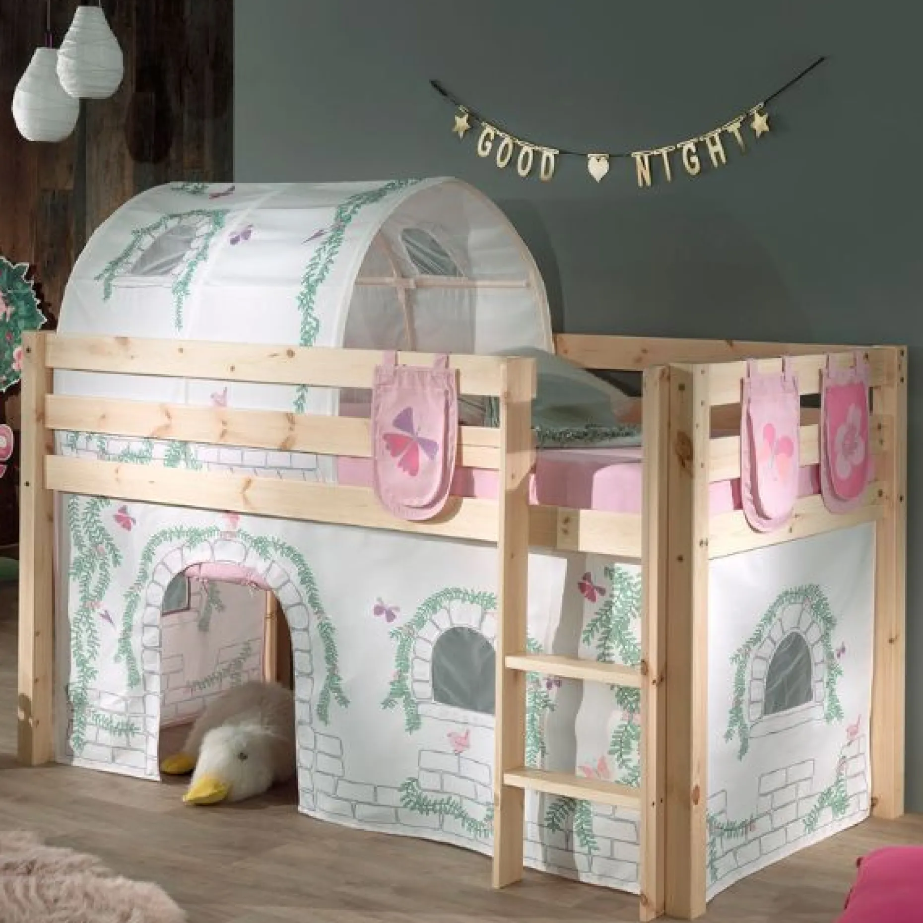 Halbhochbett Charlotte mit Schlafzelt, Tunnel und Aufbewahrungstaschen Birdy - Kieferholz