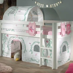 Halbhochbett Charlotte mit Schlafzelt, Tunnel und Aufbewahrungstaschen Birdy - weiß