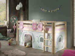 Halbhochbett Charlotte mit Schlafzelt und Aufbewahrungstaschen Birdy - Kieferholz