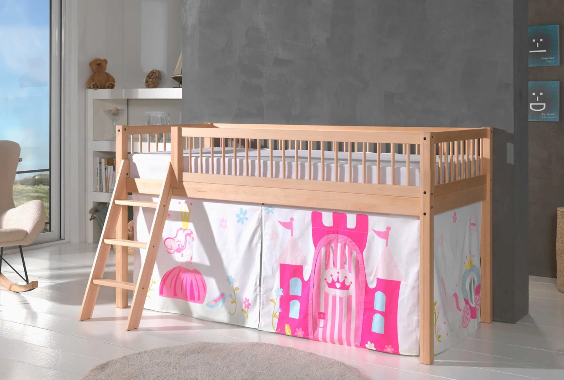 Halbhochbett Forrest mit Bettzelt Princess - Buchenholz