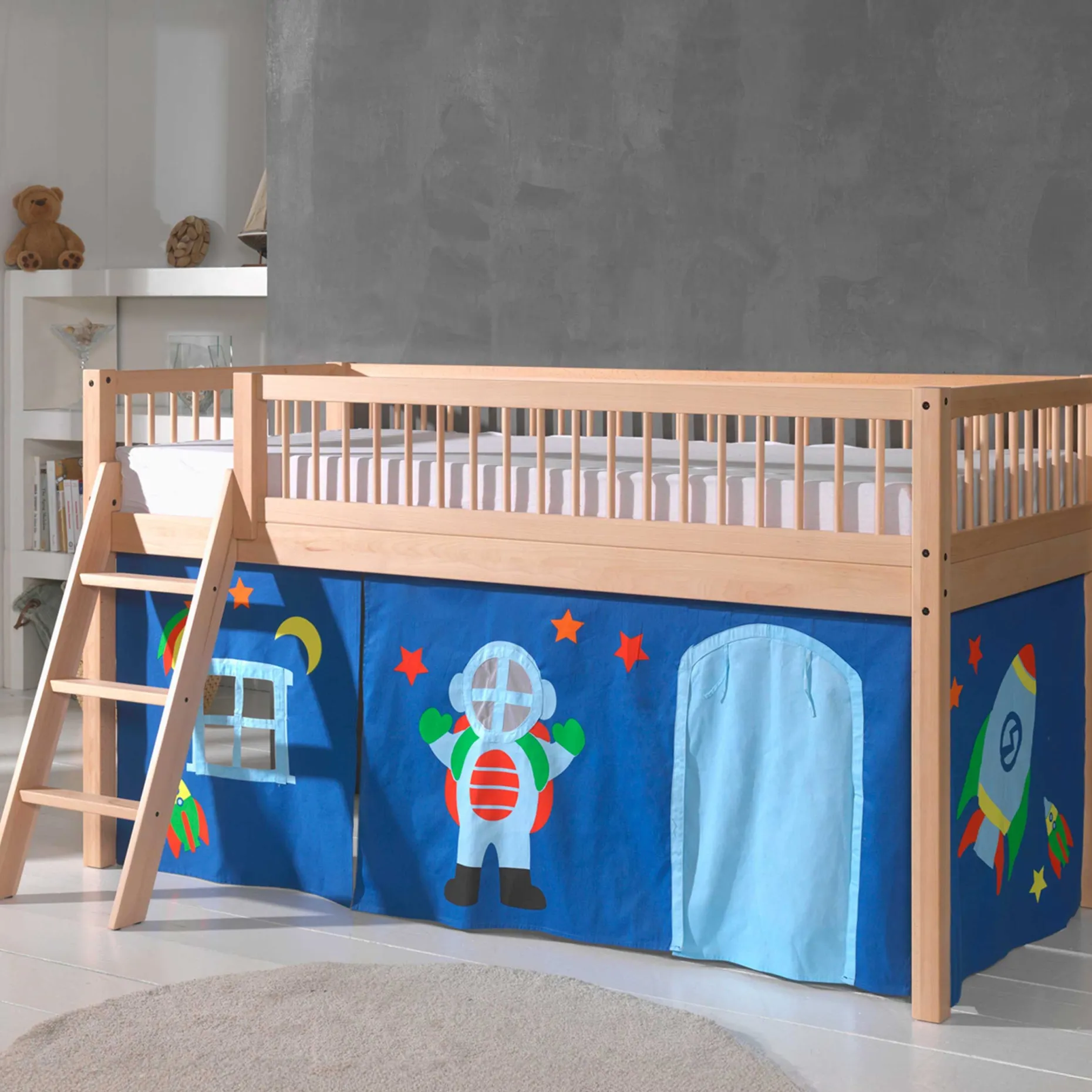 Halbhochbett Forrest mit Schlafzelt Astro - Buchenholz