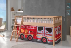 Halbhochbett Forrest mit Schlafzelt Feuerwehrfahrzeug - Buchenholz