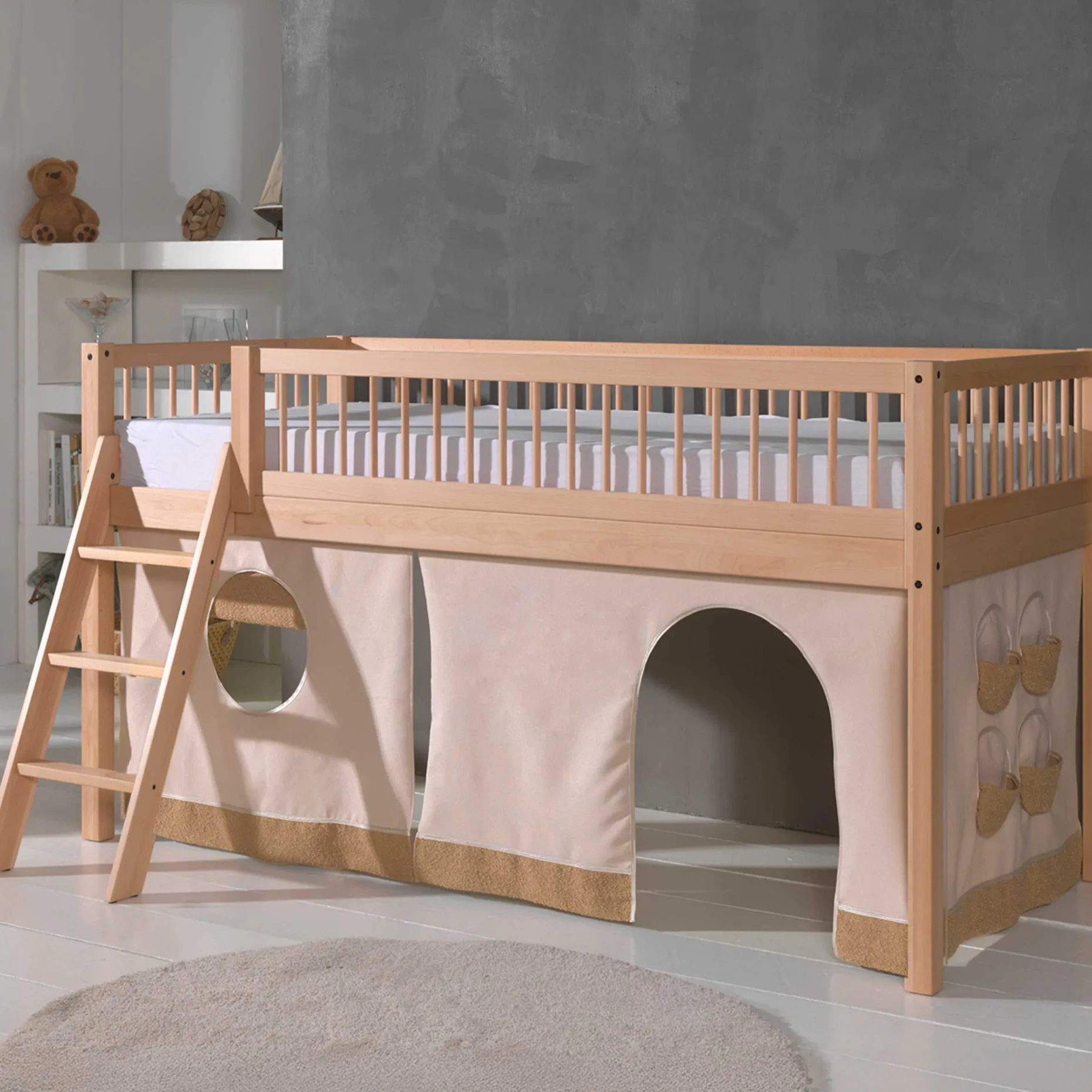 Halbhochbett Forrest 90x200cm mit Schlafzelt - Massivholz Buche
