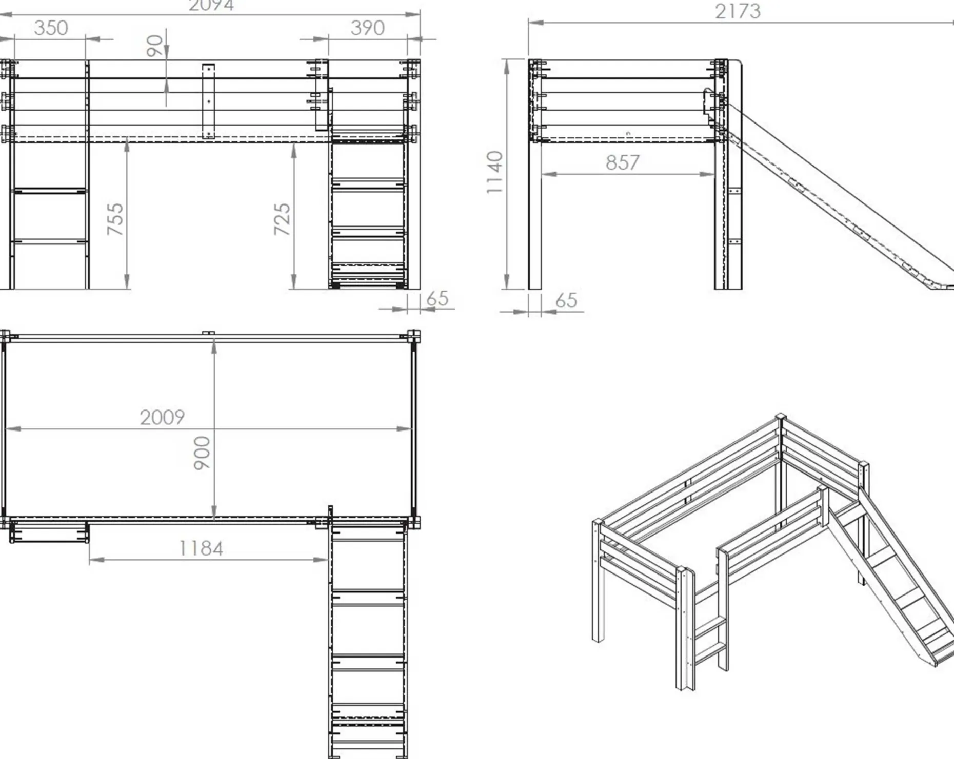 Halbhochbett mit Rutsche Astrid mit Schlafzelt, Tunnel und Aufbewahrungstaschen Frühling - Kieferholz