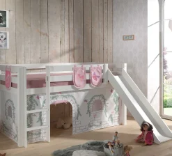 Halbhochbett mit Rutsche Astrid mit Schlafzelt und Aufbewahrungstaschen Birdy - weiß