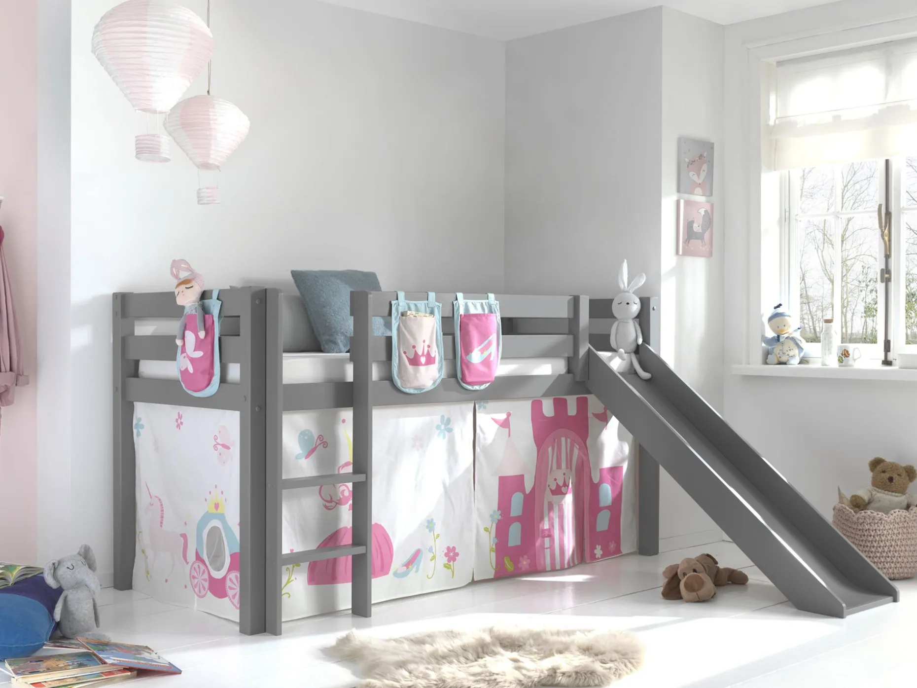 Halbhochbett mit Rutsche Astrid mit Schlafzelt und Stautaschen Princess II - grau