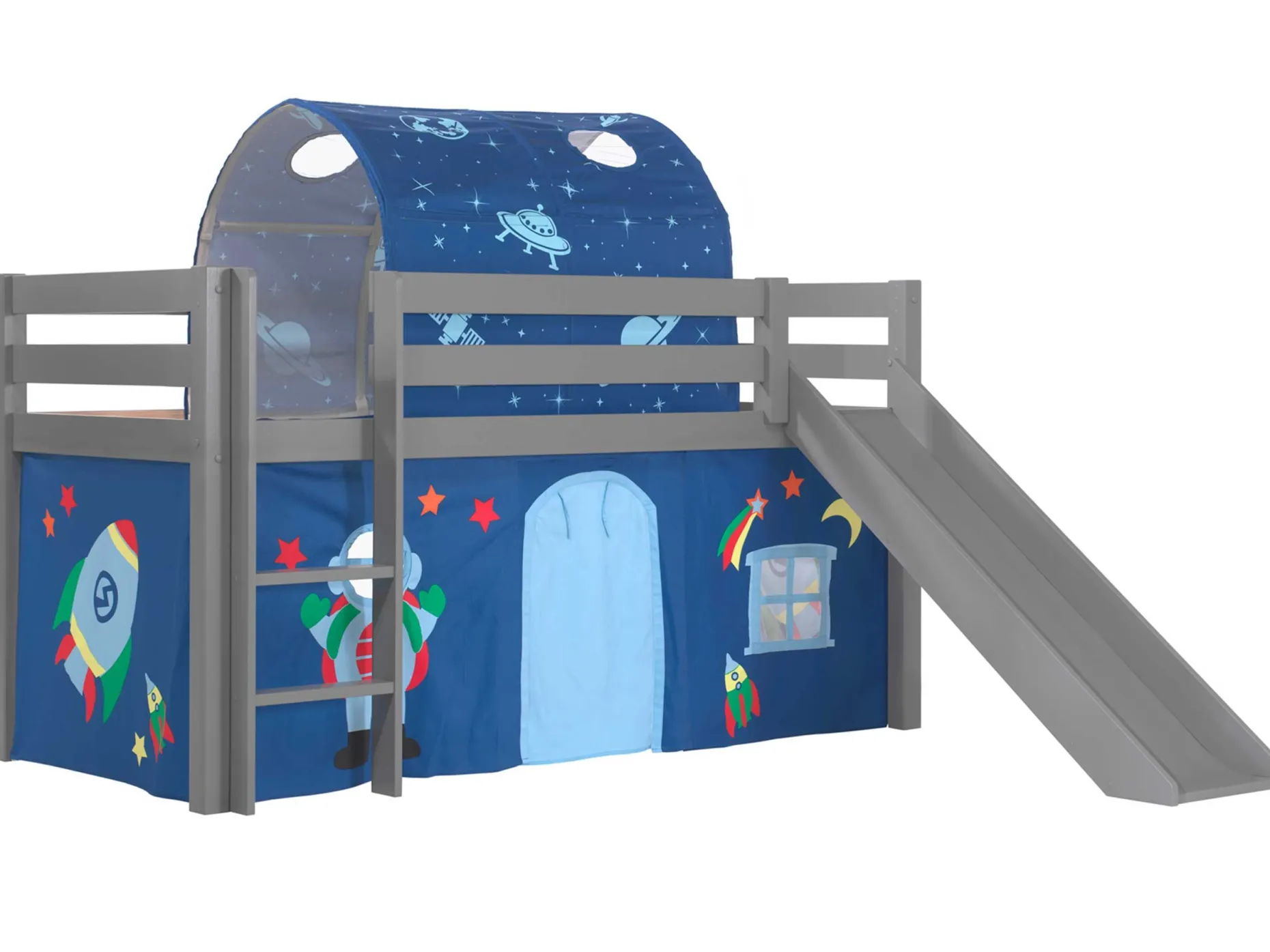 Halbhochbett mit Rutsche Astrid mit Schlafzelt und Tunnel Astro - grau