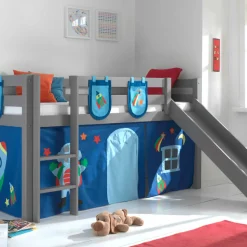 Halbhochbett mit Rutsche Astrid mit Schlafzelt und Stautaschen Astro - grau