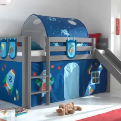 Halbhochbett mit Rutsche Astrid mit Schlafzelt, Tunnel und Stautaschen Astro - grau