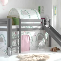 Halbhochbett mit Rutsche Astrid mit Schlafzelt und Betttunnel Birdy - grau