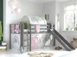 Halbhochbett mit Rutsche Astrid mit Schlafzelt, Tunnel und Stautaschen Birdy - grau