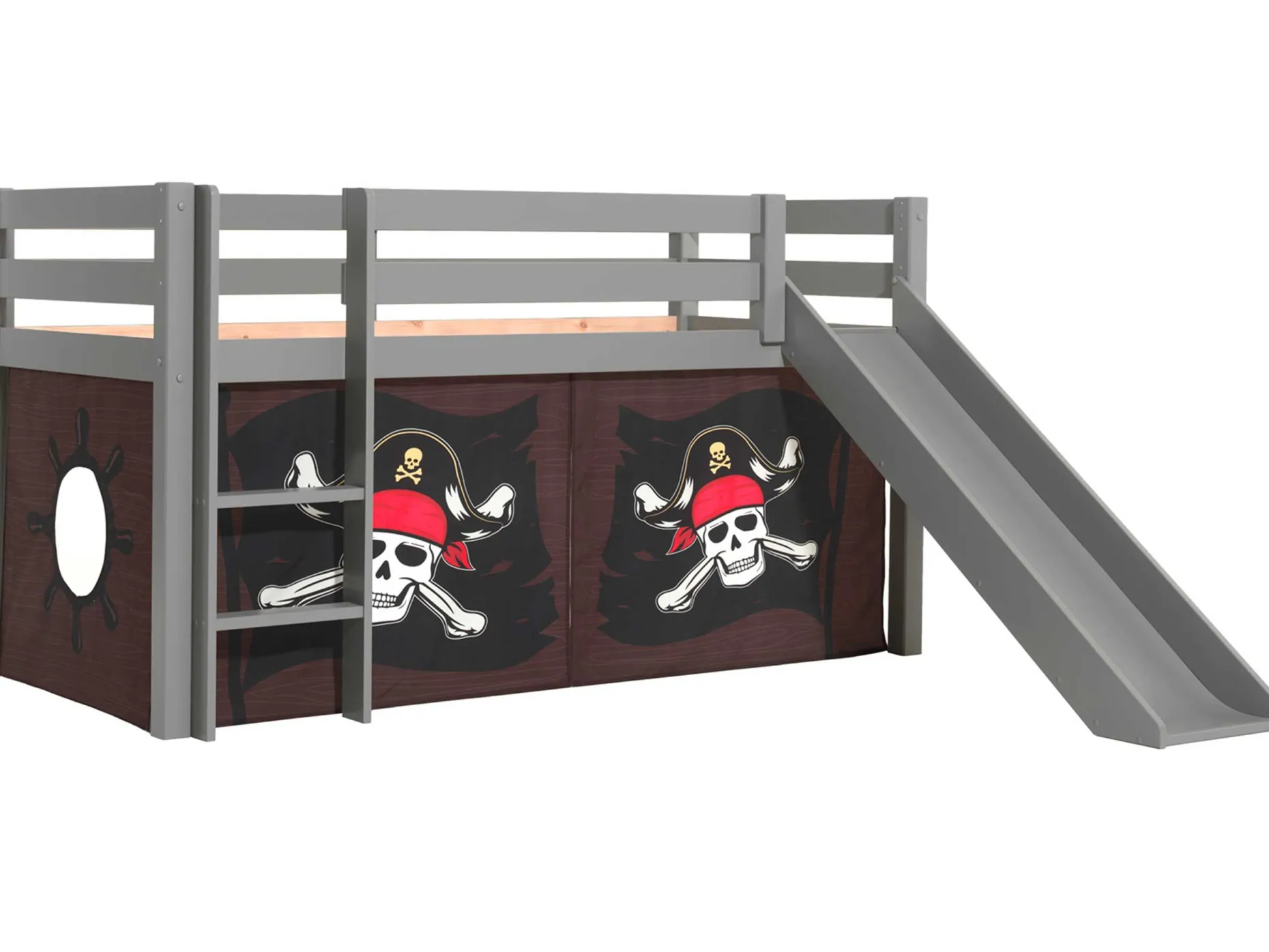 Halbhochbett mit Rutsche Astrid mit Schlafzelt Caribbean Pirates - grau